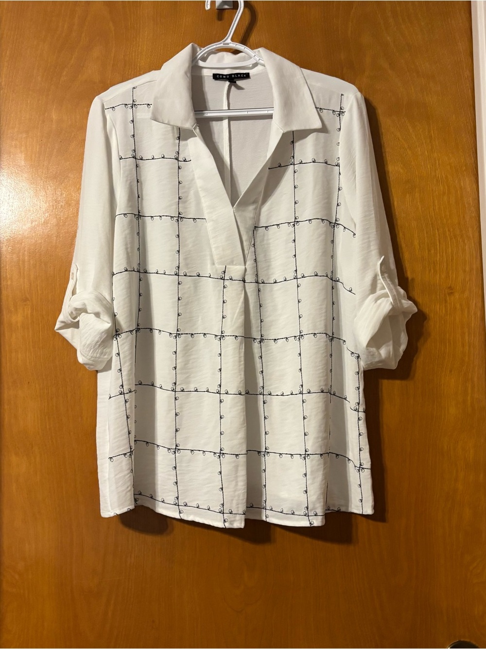 Como Black White Grid-Print Button Down Blouse